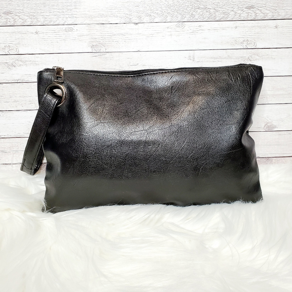 Large Black Vegan Leather Wristlet Clutch